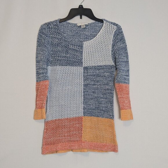 CHRISTOPHER & BANKS Blue/Orange Color Block 100% Cotton Knit Sweater; Size M - Picture 1 of 5